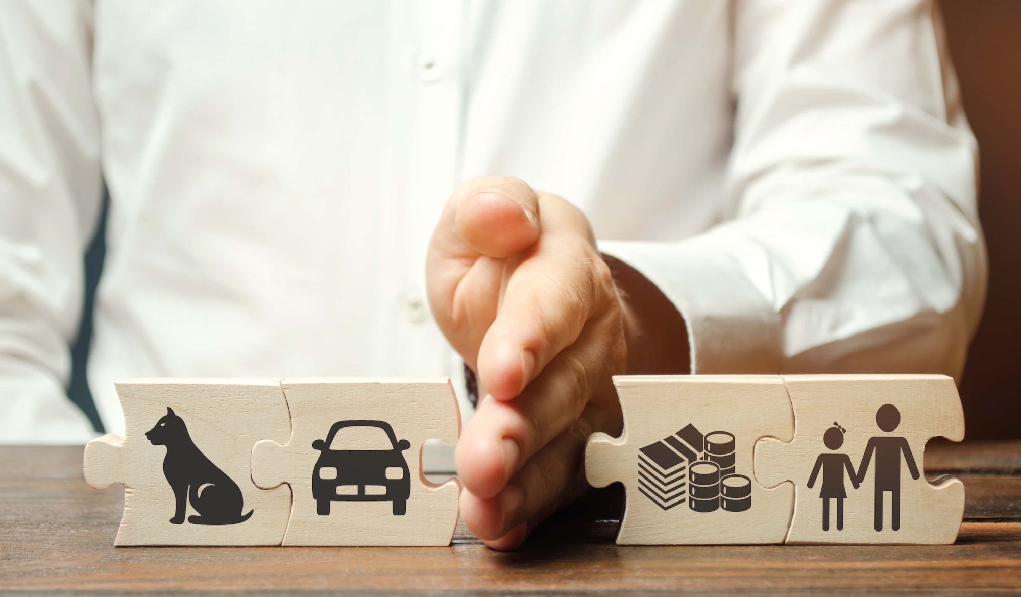 hand dividing wooden blocks depicting assets